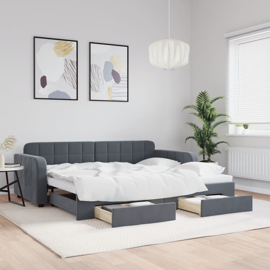 Sofá-cama c/ gavetão e gavetas 90x190 cm veludo cinzento-escuro