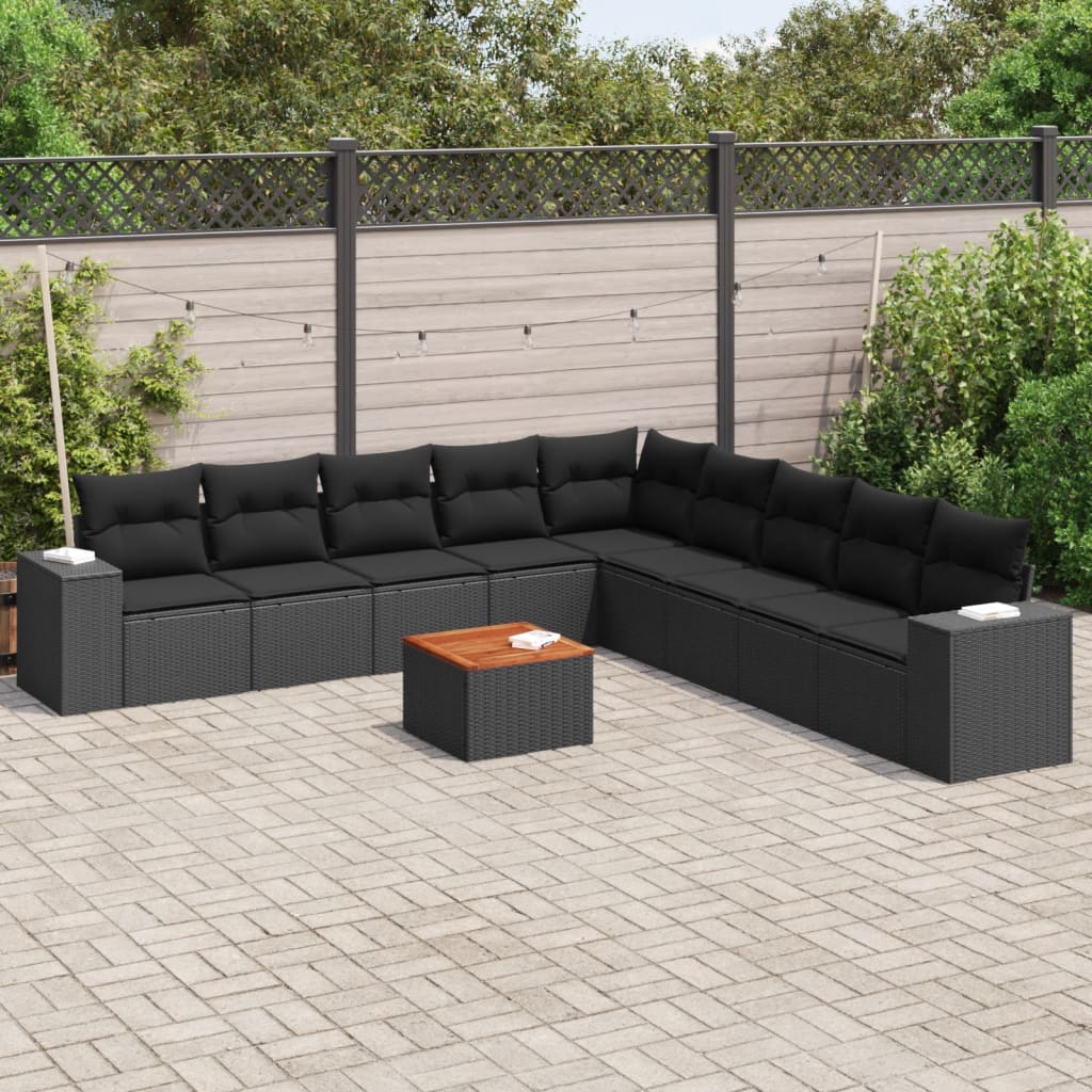 10 Pcs conjunto sofás de jardim c/ almofadões vime PE preto