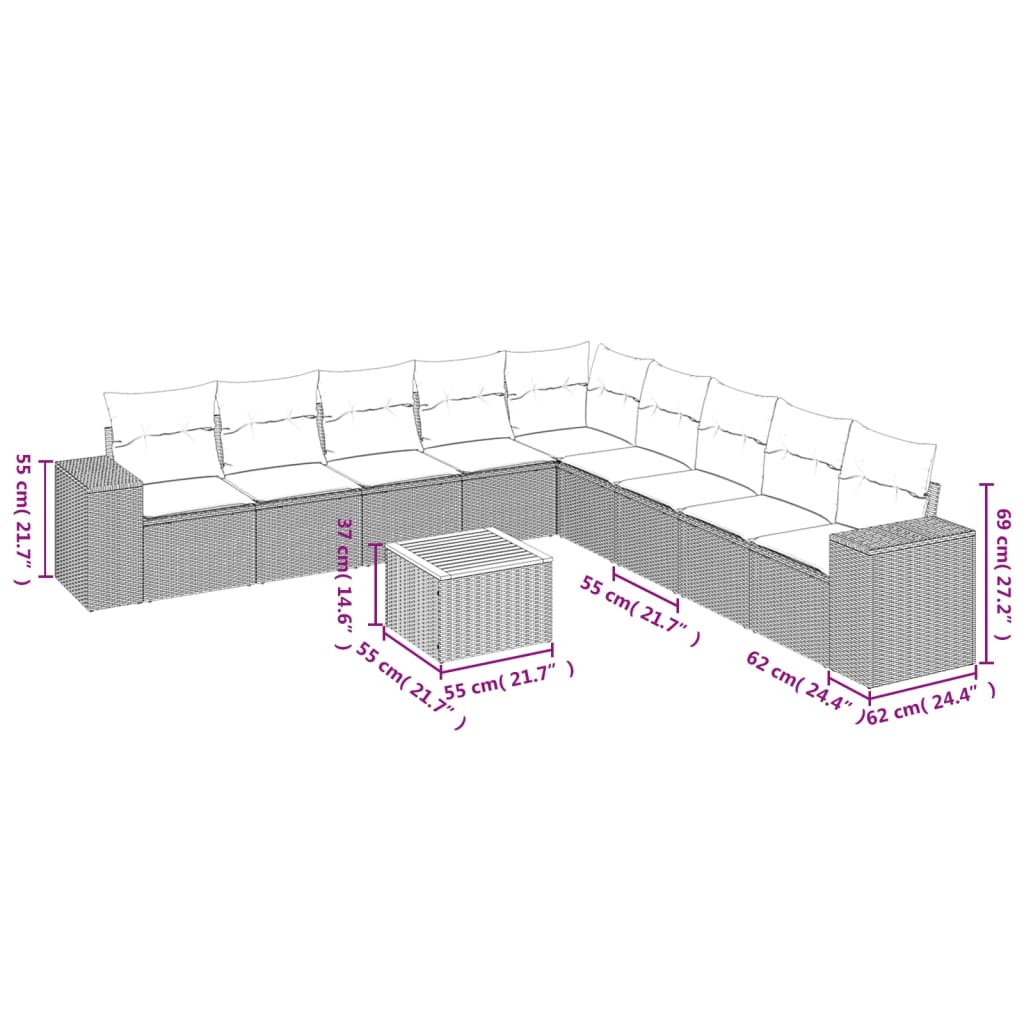 10 Pcs conjunto sofás de jardim c/ almofadões vime PE preto