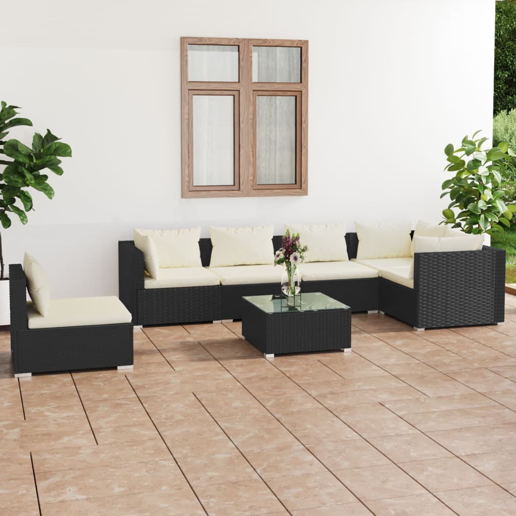 7 Pcs conjunto lounge de jardim c/ almofadões vime PE preto
