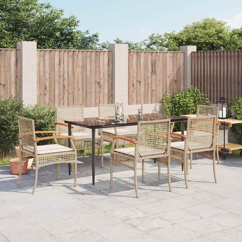 7 Pcs conjunto de jantar p/ jardim com almofadões vime PE bege