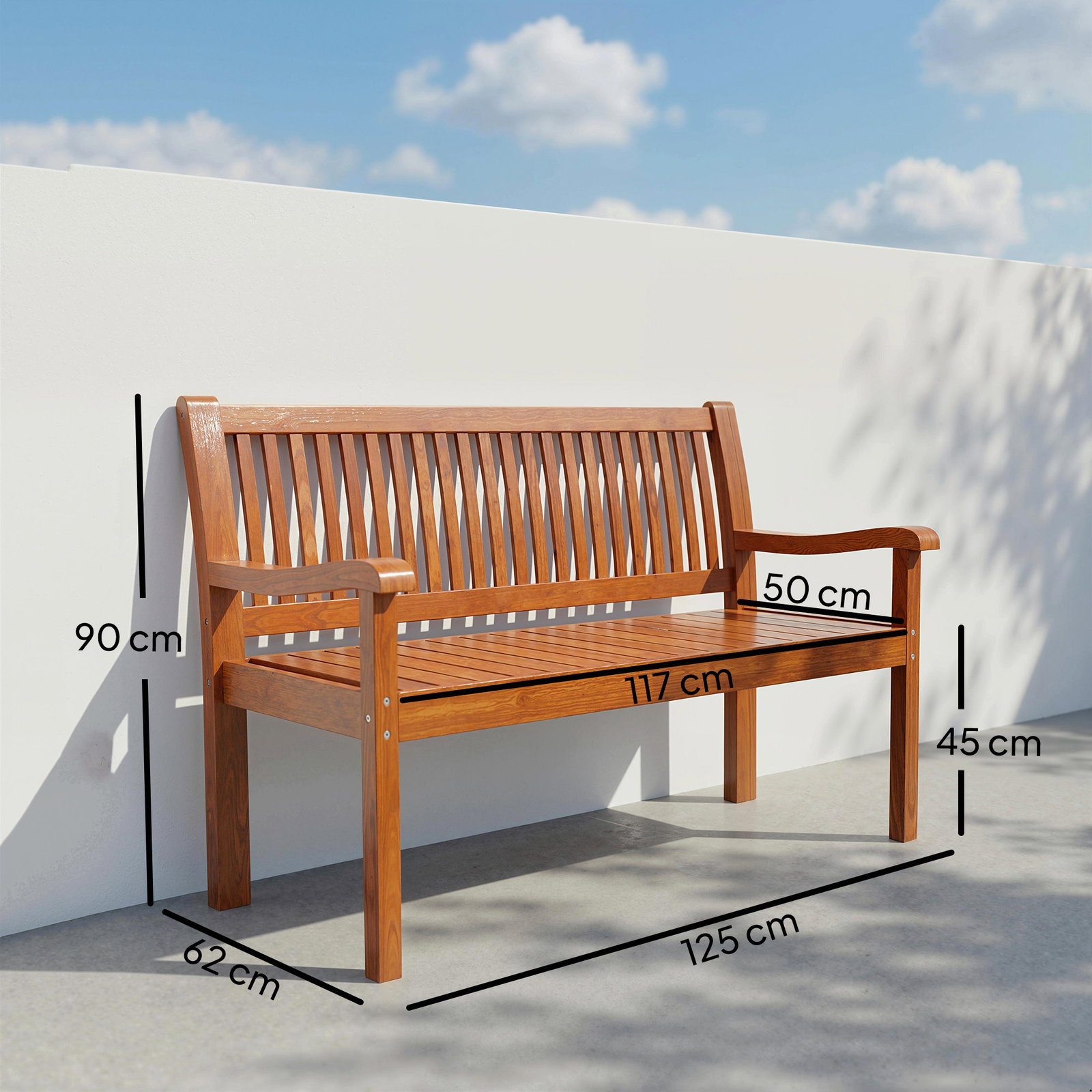 Banco de jardim em madeira, banco de exterior de 2 lugares com capa impermeável encosto ergonómico 125x62x90 cm castanho claro