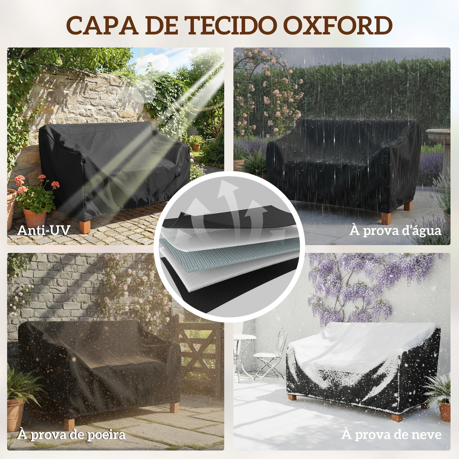Banco de jardim em madeira, banco de exterior de 2 lugares com capa impermeável encosto ergonómico 125x62x90 cm castanho claro
