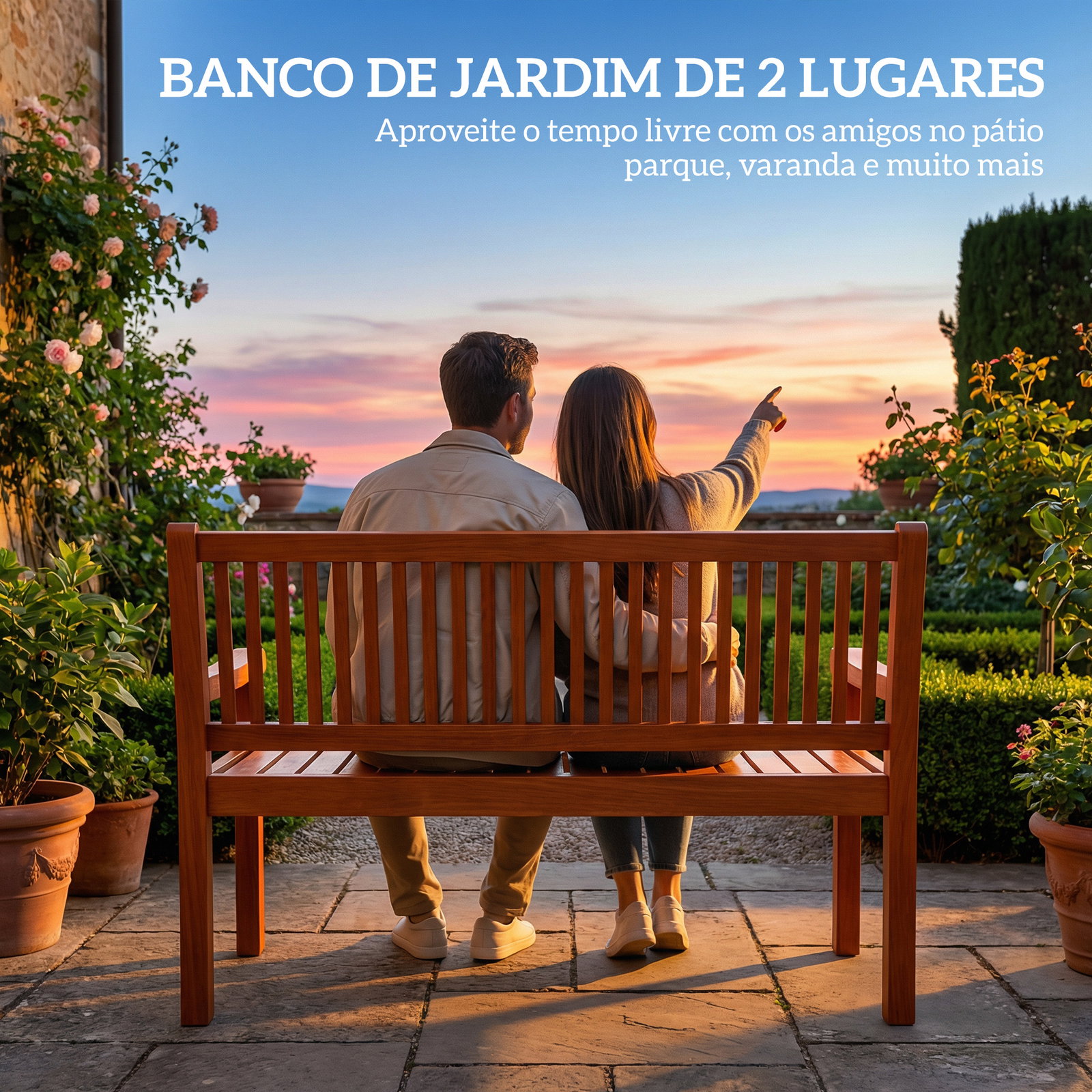 Banco de jardim em madeira, banco de exterior de 2 lugares com capa impermeável encosto ergonómico 125x62x90 cm castanho claro