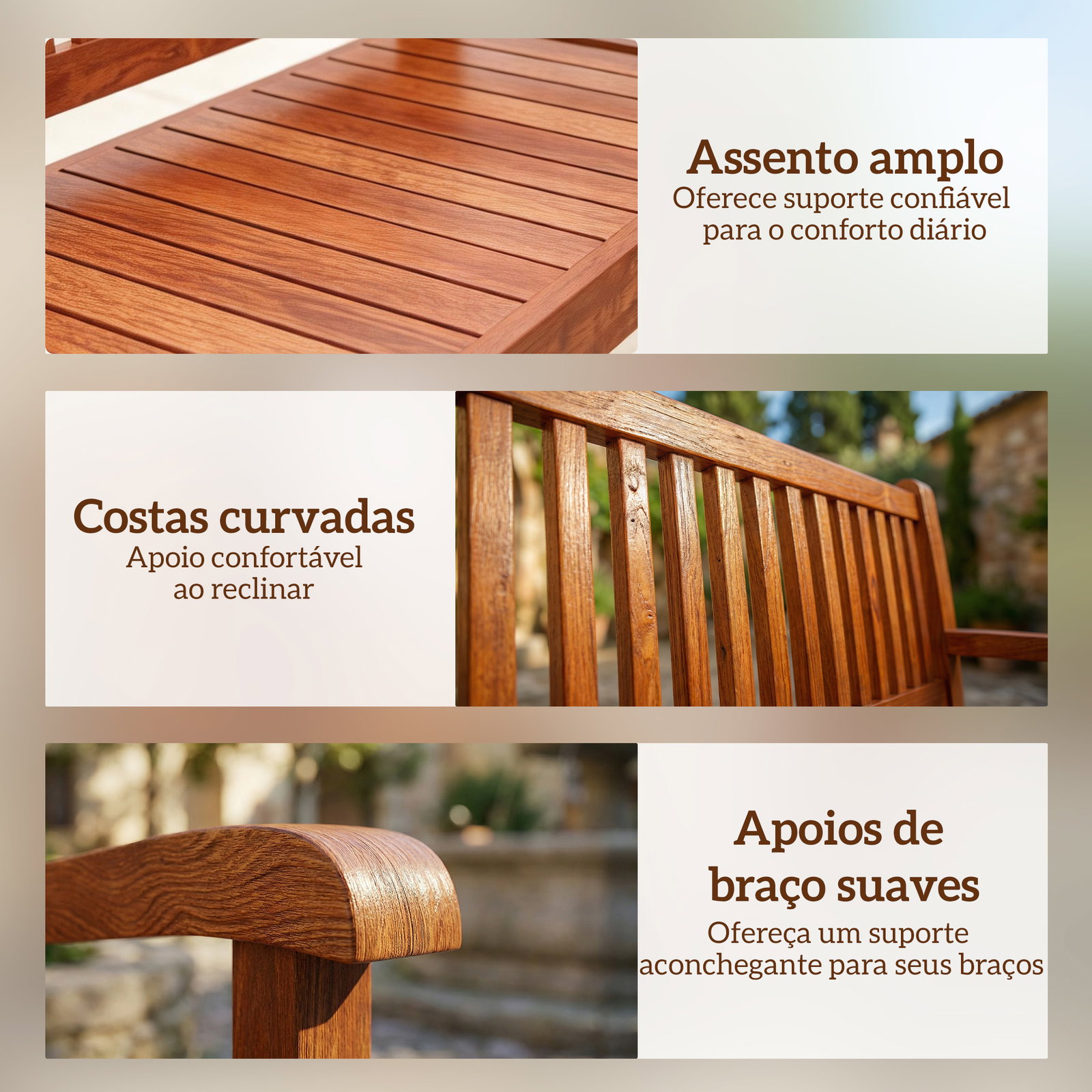 Banco de jardim em madeira, banco de exterior de 2 lugares com capa impermeável encosto ergonómico 125x62x90 cm castanho claro
