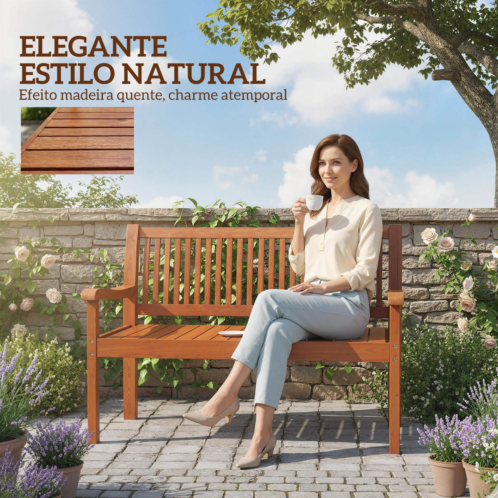 Banco de jardim em madeira, banco de exterior de 2 lugares com capa impermeável encosto ergonómico 125x62x90 cm castanho claro
