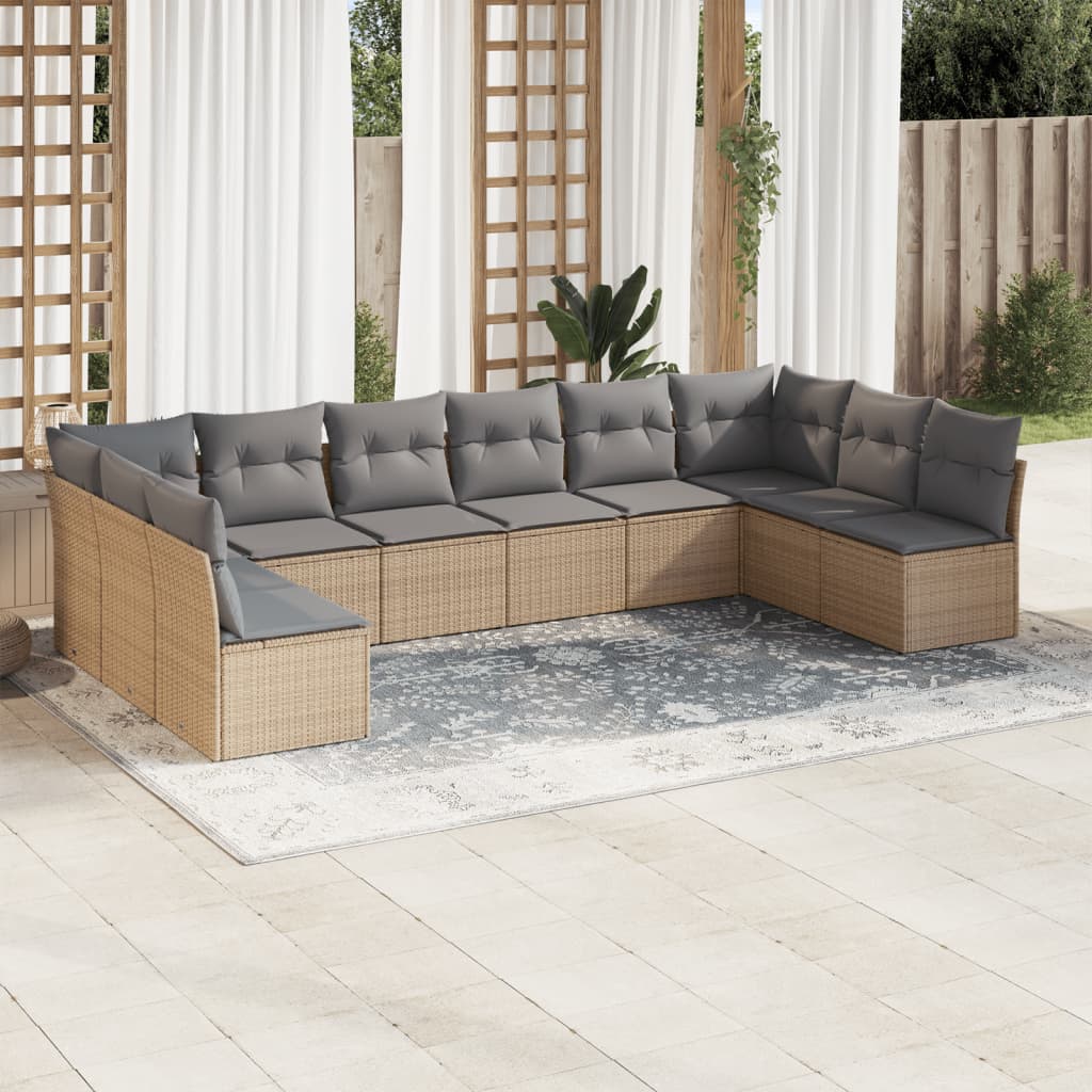 10 Pcs conjunto de sofás p/ jardim com almofadões vime PE bege