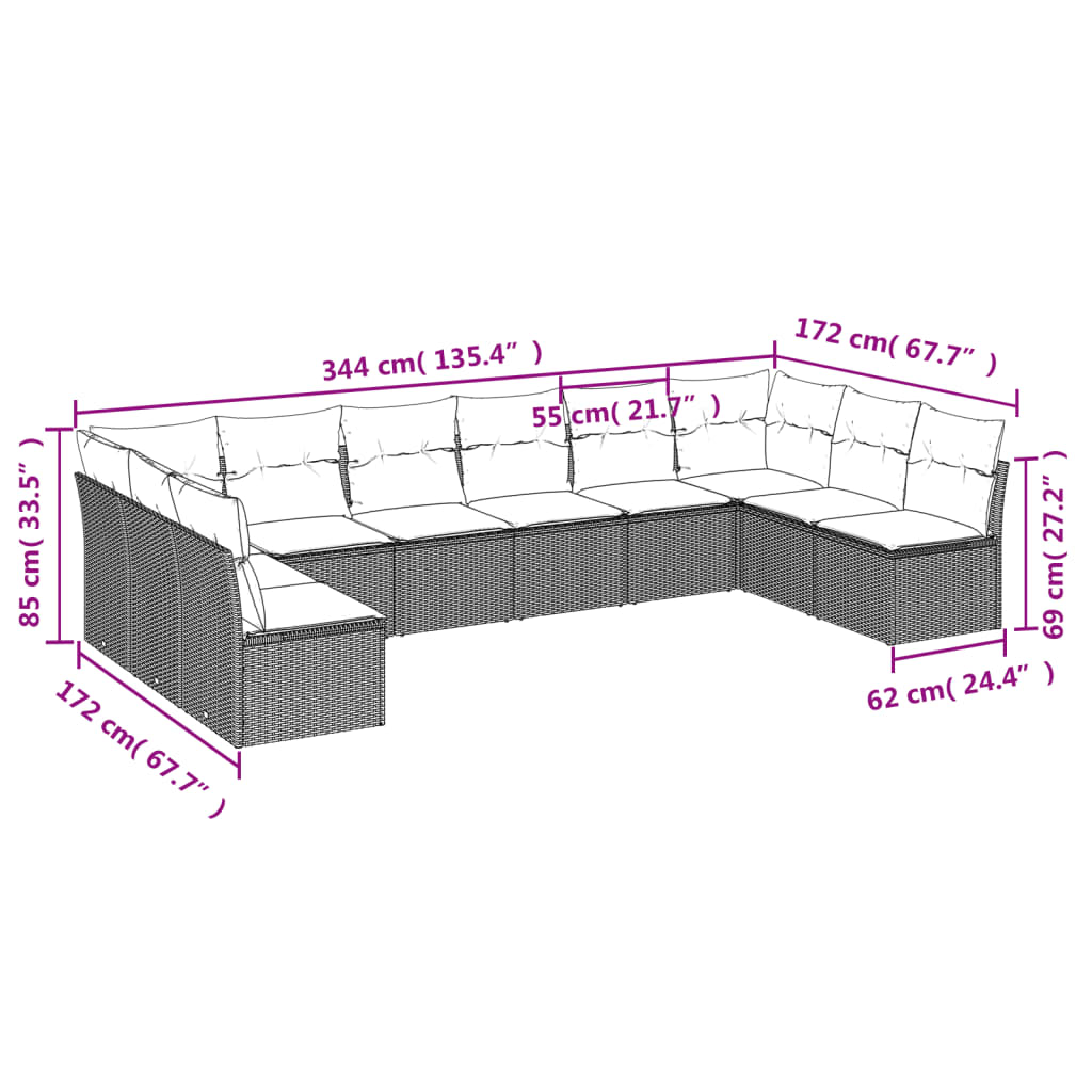 10 Pcs conjunto de sofás p/ jardim com almofadões vime PE bege