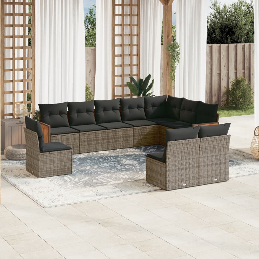 10 Pcs conjunto sofás de jardim c/ almofadões vime PE cinzento