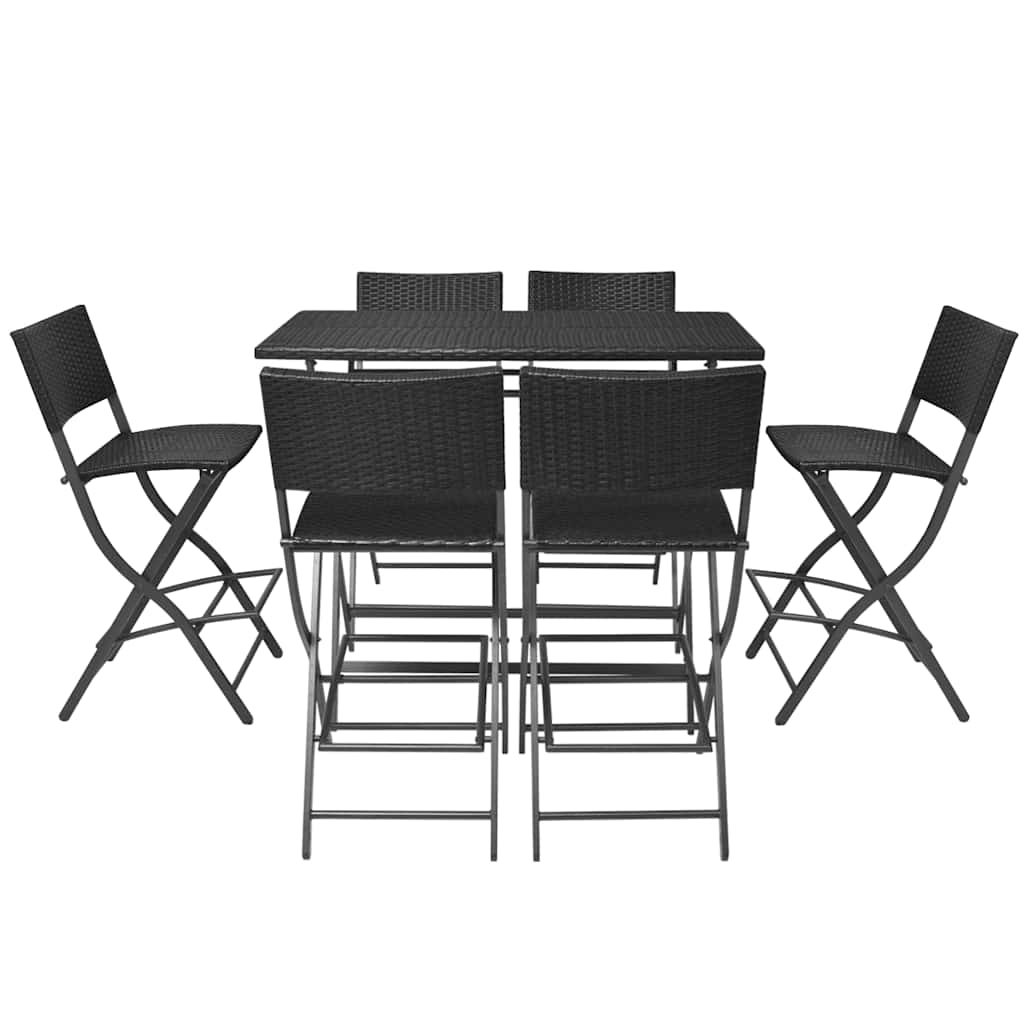7 Pcs conjunto de jantar dobrável jardim aço e vime PE preto