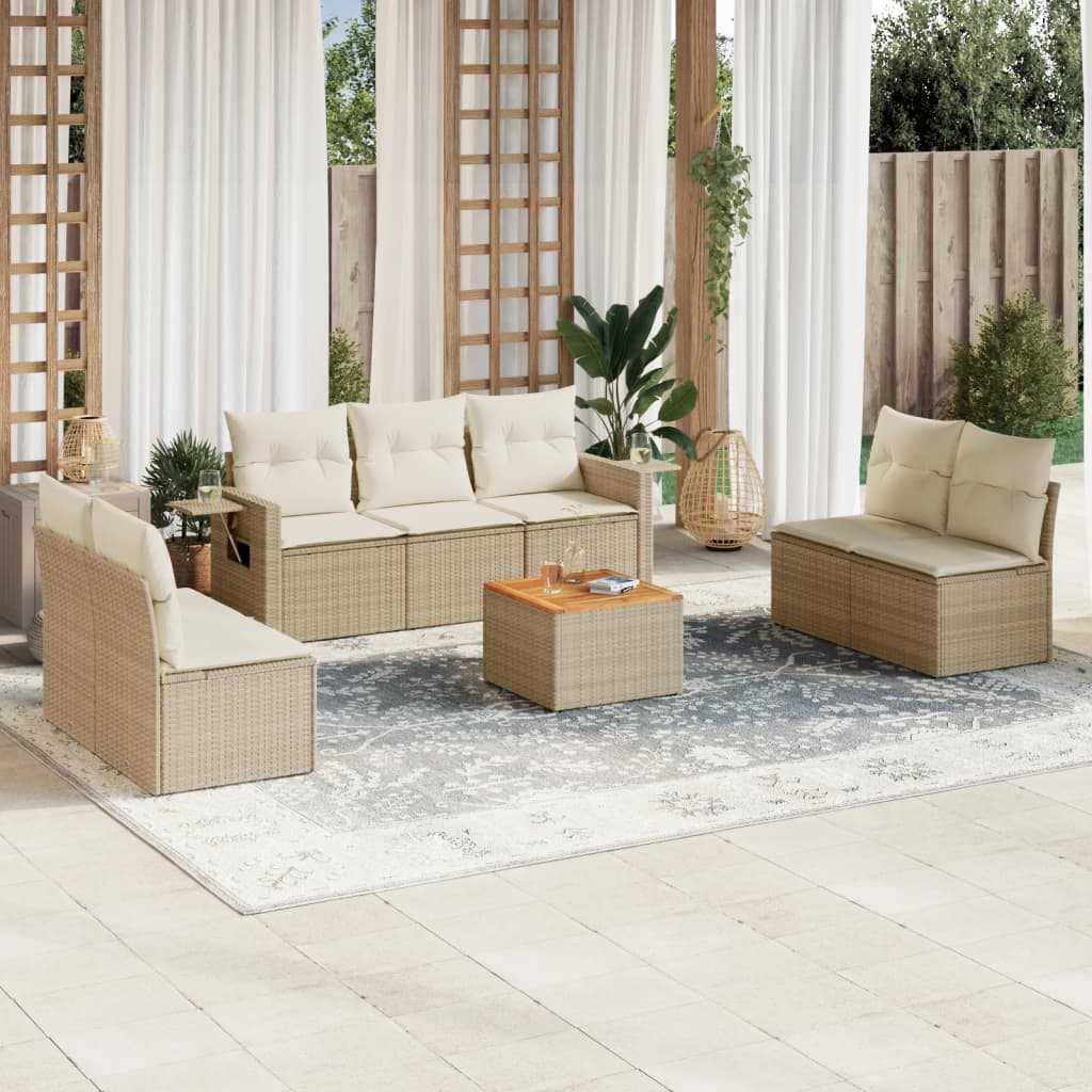 8 Pcs conjunto de sofás p/ jardim com almofadões vime PE bege