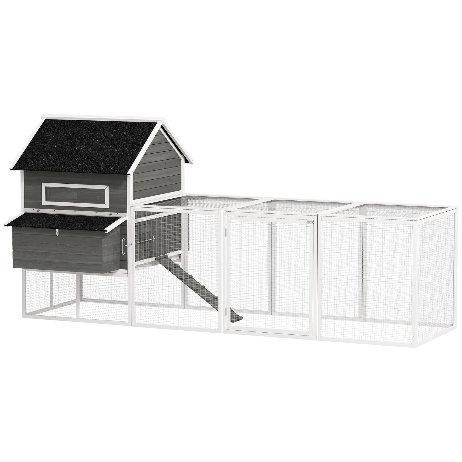 Galinheiro de madeira grande para exterior com 2 ninhos cercado telhado de asfalto bandeja removível e rampa 347x160x150 cm cinzento escuro