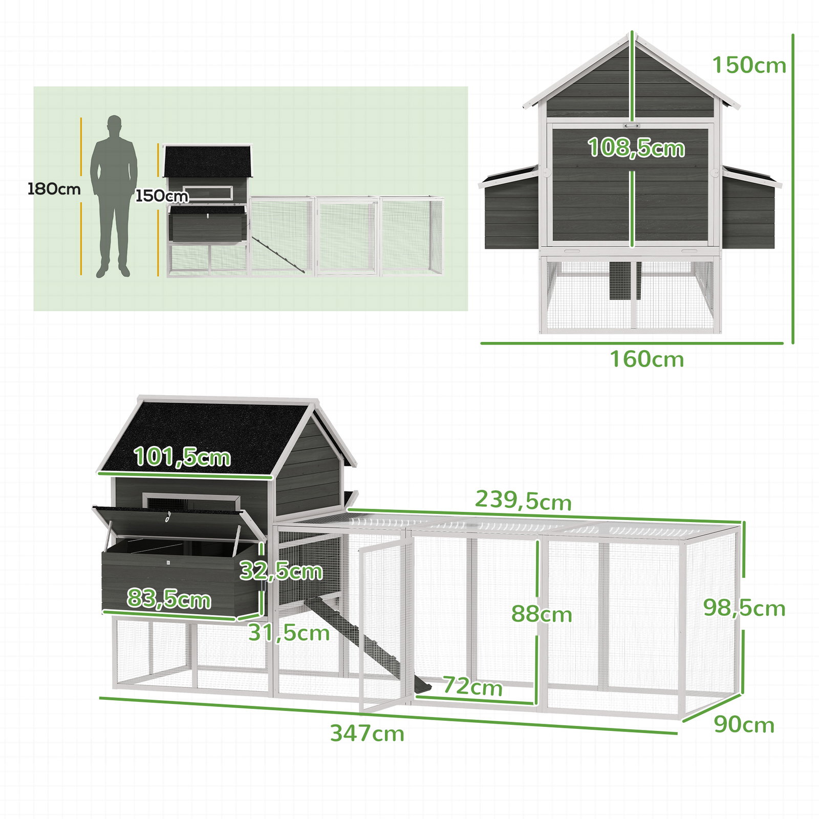 Galinheiro de madeira grande para exterior com 2 ninhos cercado telhado de asfalto bandeja removível e rampa 347x160x150 cm cinzento escuro