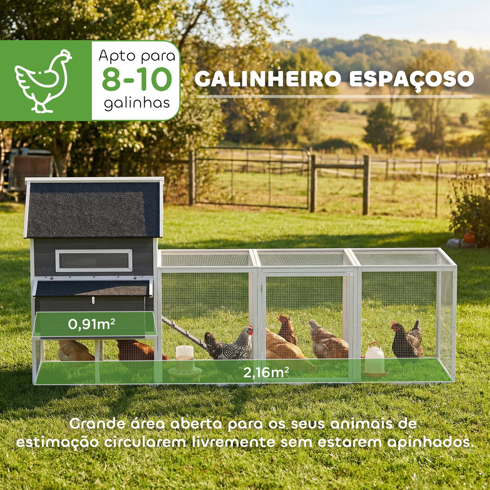 Galinheiro de madeira grande para exterior com 2 ninhos cercado telhado de asfalto bandeja removível e rampa 347x160x150 cm cinzento escuro