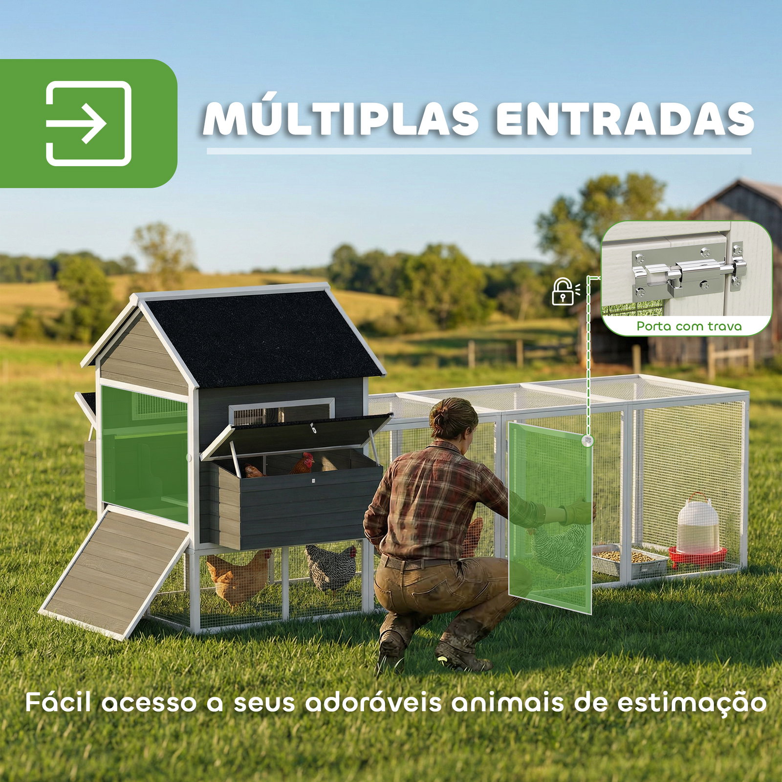 Galinheiro de madeira grande para exterior com 2 ninhos cercado telhado de asfalto bandeja removível e rampa 347x160x150 cm cinzento escuro