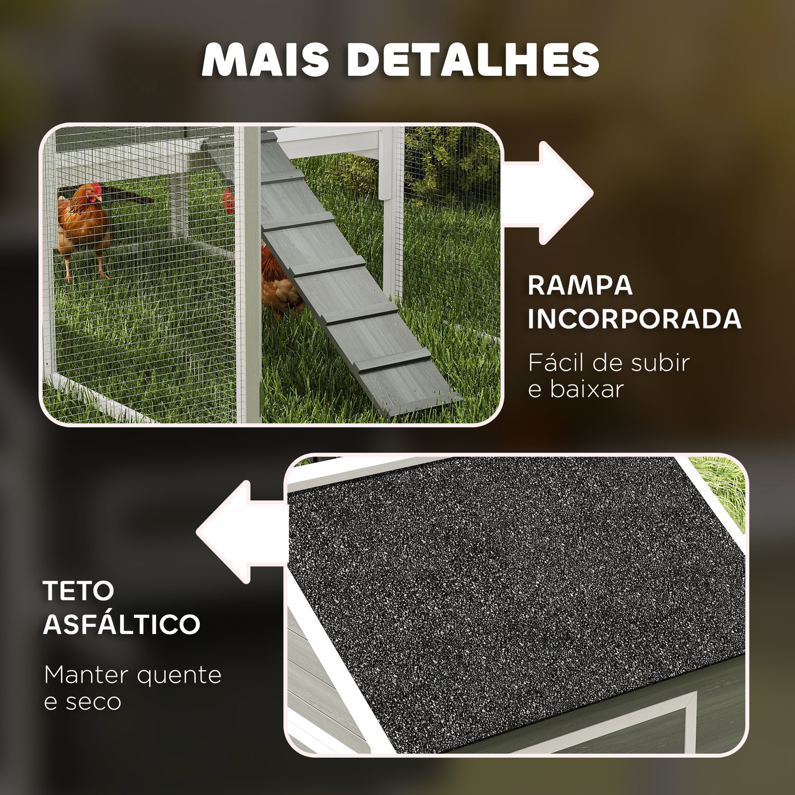 Galinheiro de madeira grande para exterior com 2 ninhos cercado telhado de asfalto bandeja removível e rampa 347x160x150 cm cinzento escuro