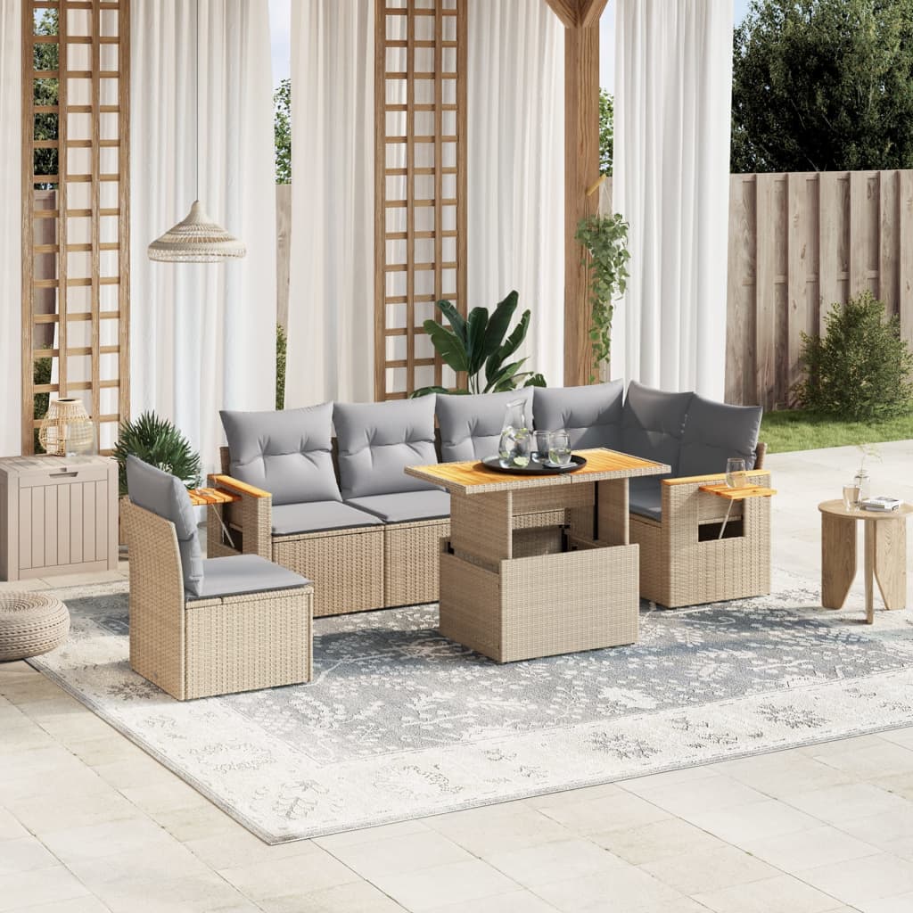 7 Pcs conjunto de sofás p/ jardim com almofadões vime PE bege