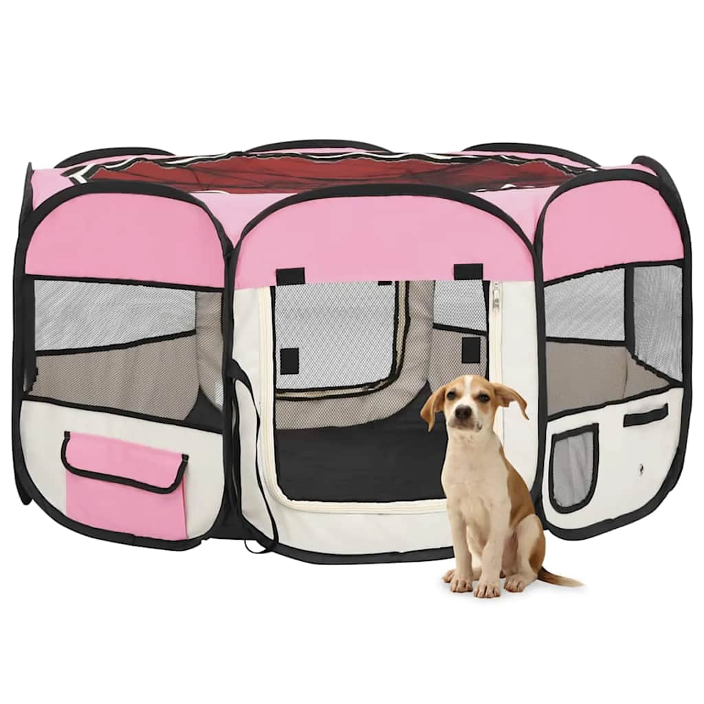 Parque dobrável p/ cão c/ saco de transporte 125x125x61cm rosa