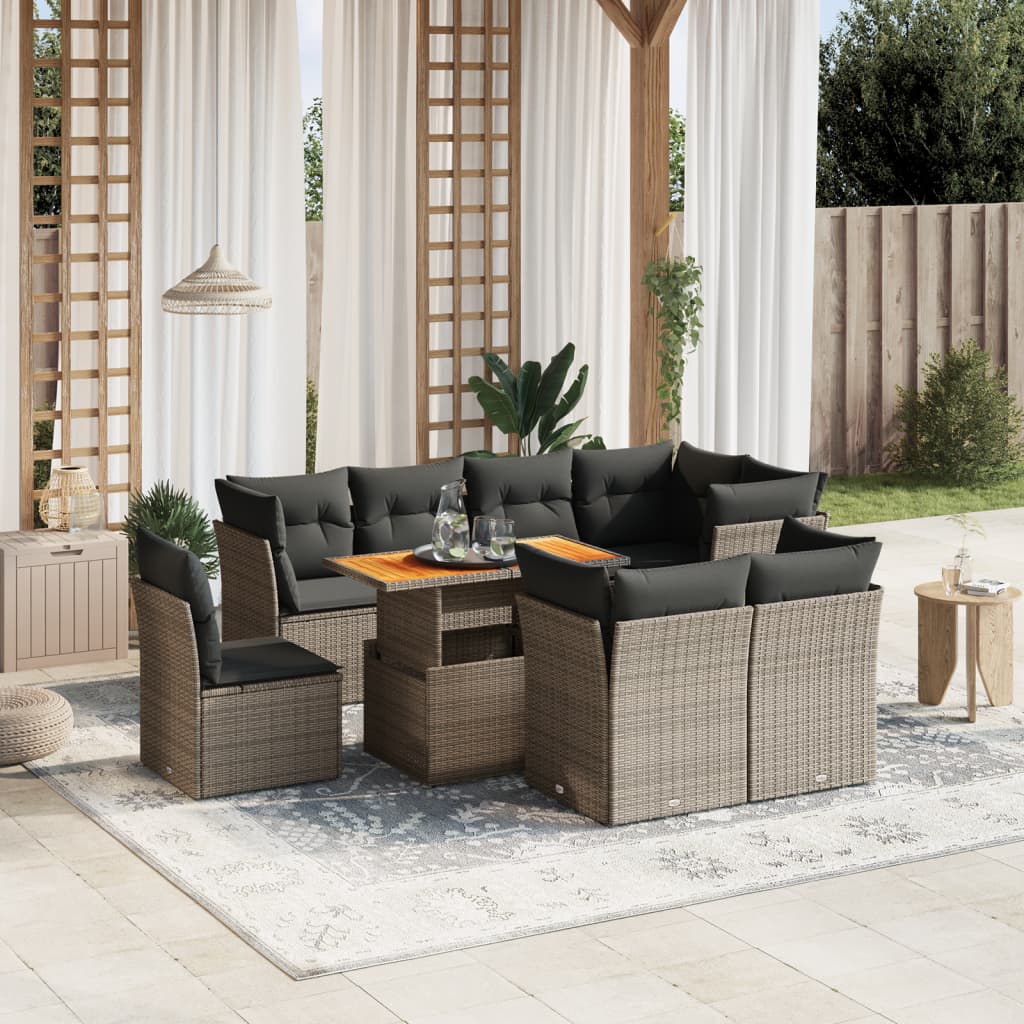9 Pcs conjunto sofás p/ jardim com almofadões vime PE cinzento