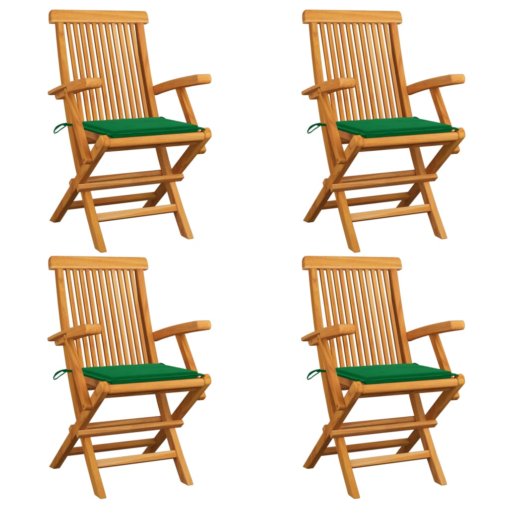 Cadeiras de jardim c/ almofadões verdes 4 pcs teca maciça