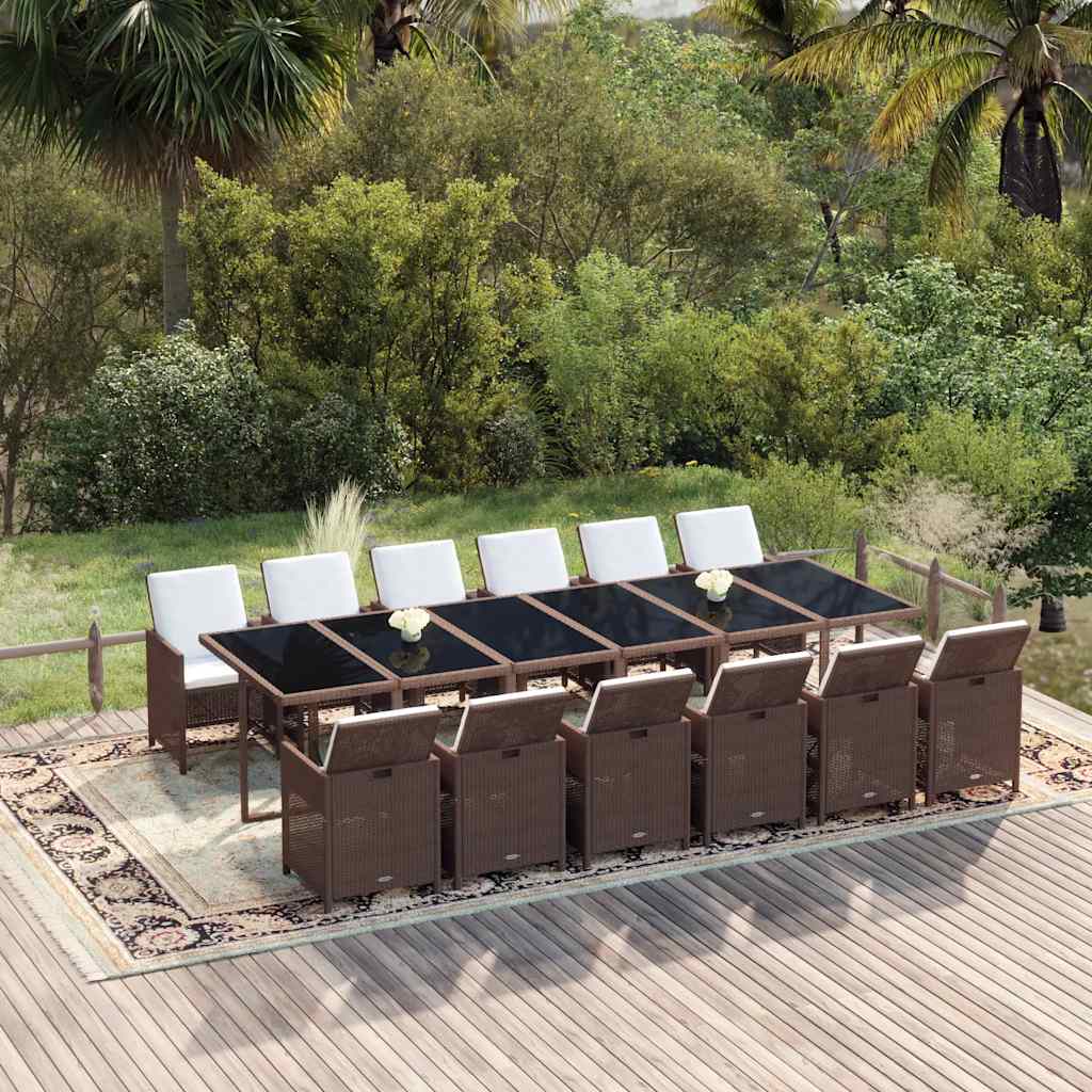 13 Pcs conjunto jantar p/ jardim c/ almofadões vime PE castanho