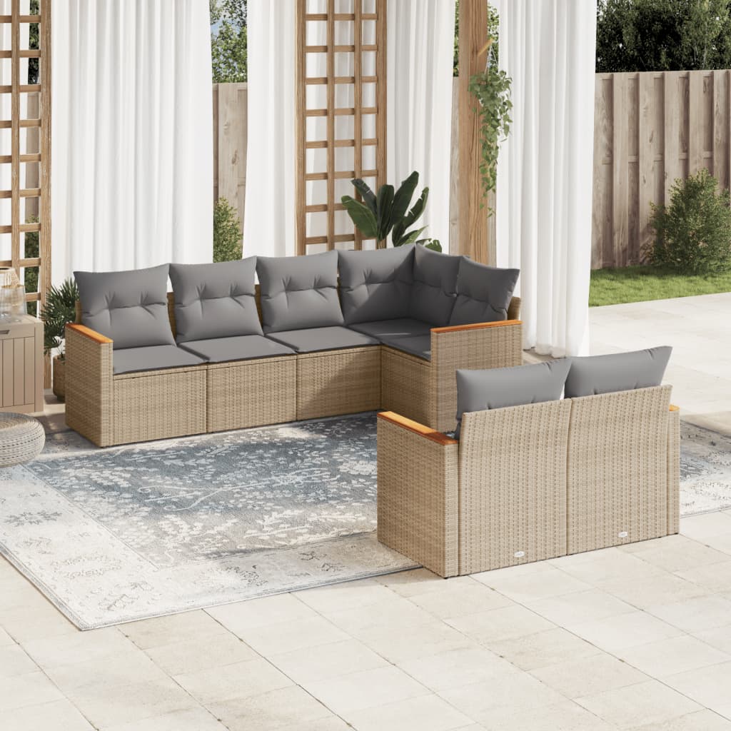 7 Pcs conj. sofás jardim c/ almofadões vime PE bege misturado