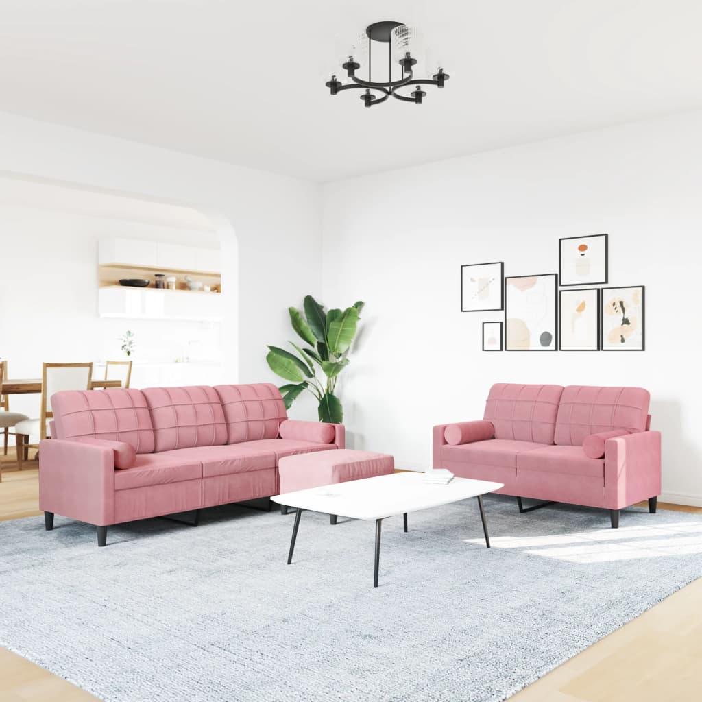 3 Pcs conjunto de sofás com almofadões e rolos veludo rosa