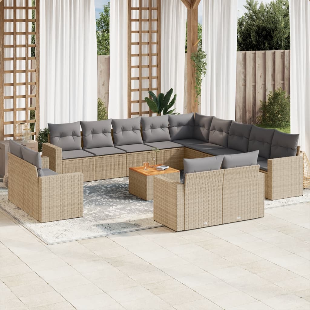 14 Pcs conjunto de sofás p/ jardim com almofadões vime PE bege
