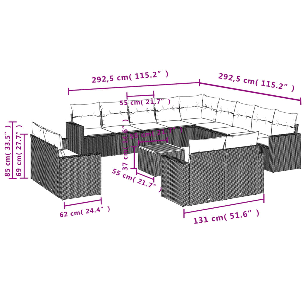 14 Pcs conjunto de sofás p/ jardim com almofadões vime PE bege