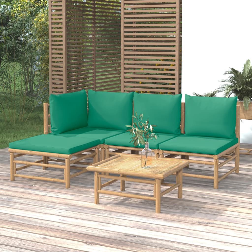 5 Pcs conjunto lounge de jardim bambu c/ almofadões verdes