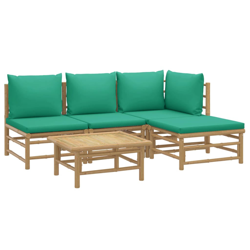 5 Pcs conjunto lounge de jardim bambu c/ almofadões verdes