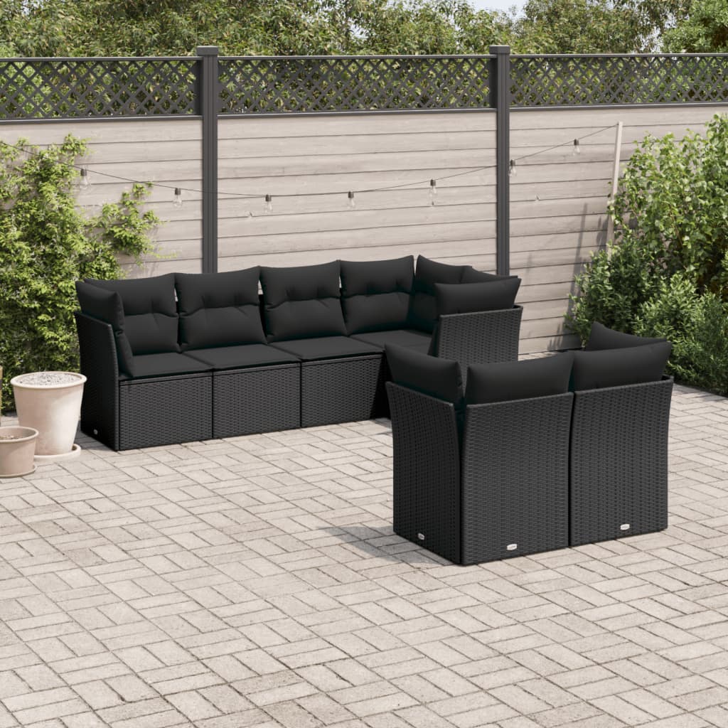 7 Pcs conjunto de sofás p/ jardim c/ almofadões vime PE preto