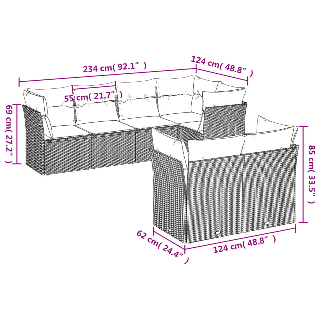7 Pcs conjunto de sofás p/ jardim c/ almofadões vime PE preto