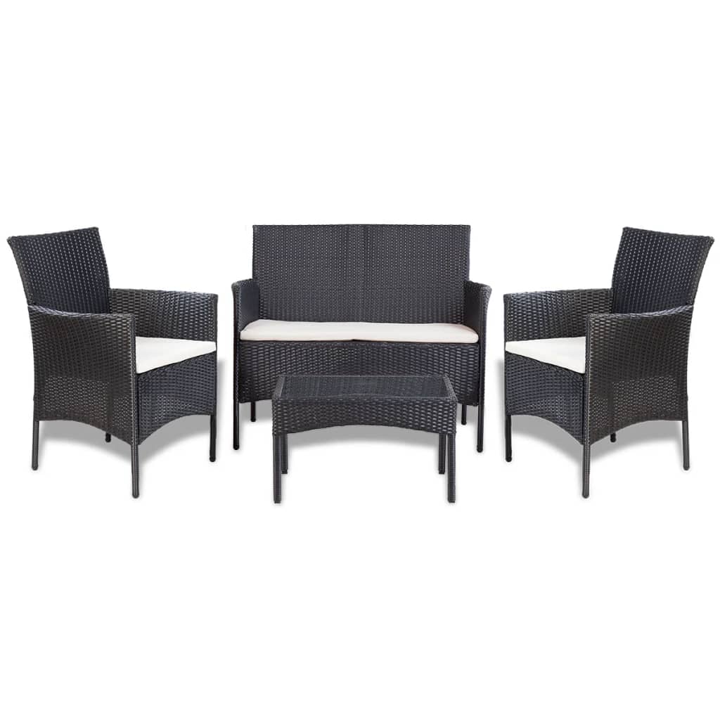 4 Pcs conjunto lounge de jardim c/ almofadões vime PE preto