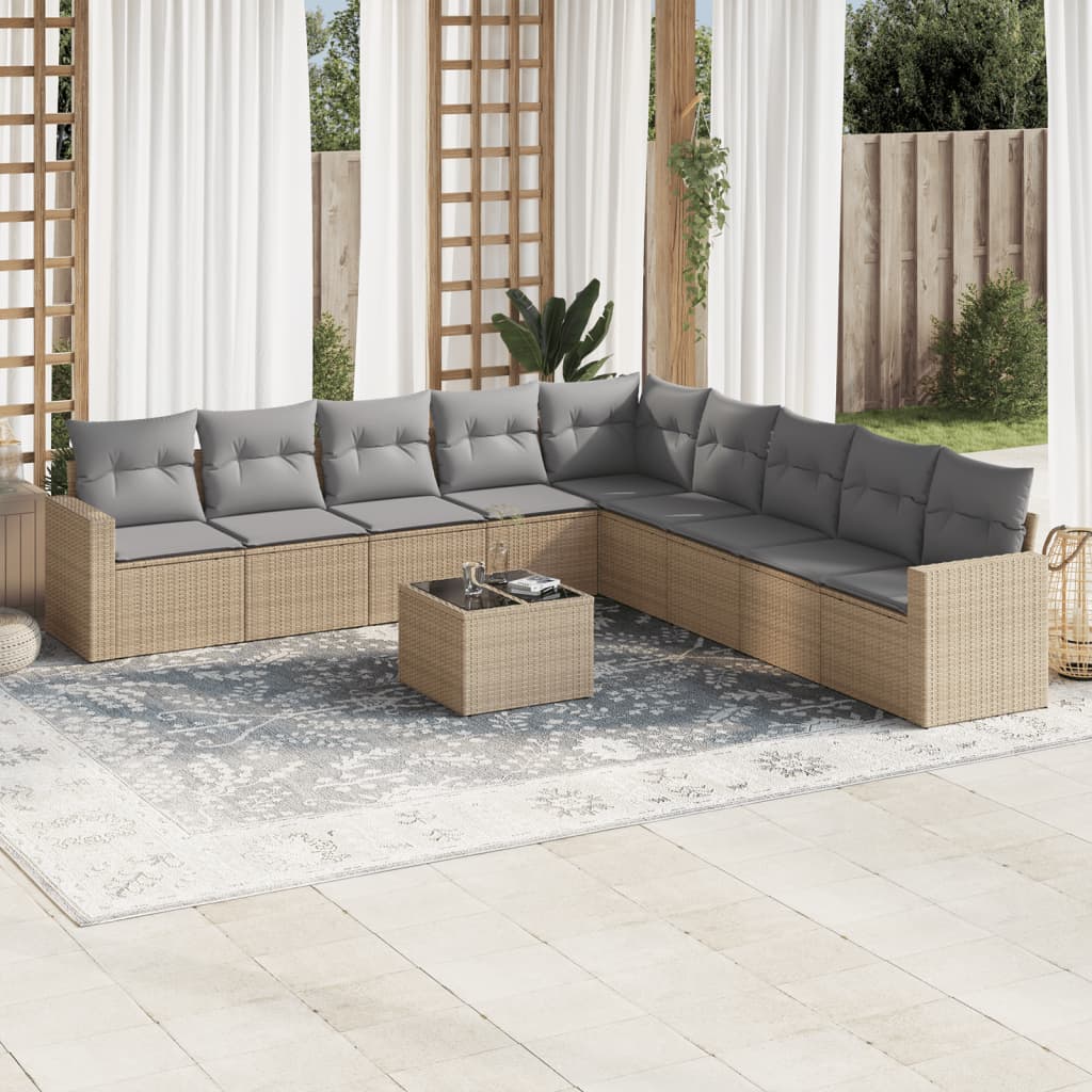 10 Pcs conjunto de sofás p/ jardim com almofadões vime PE bege