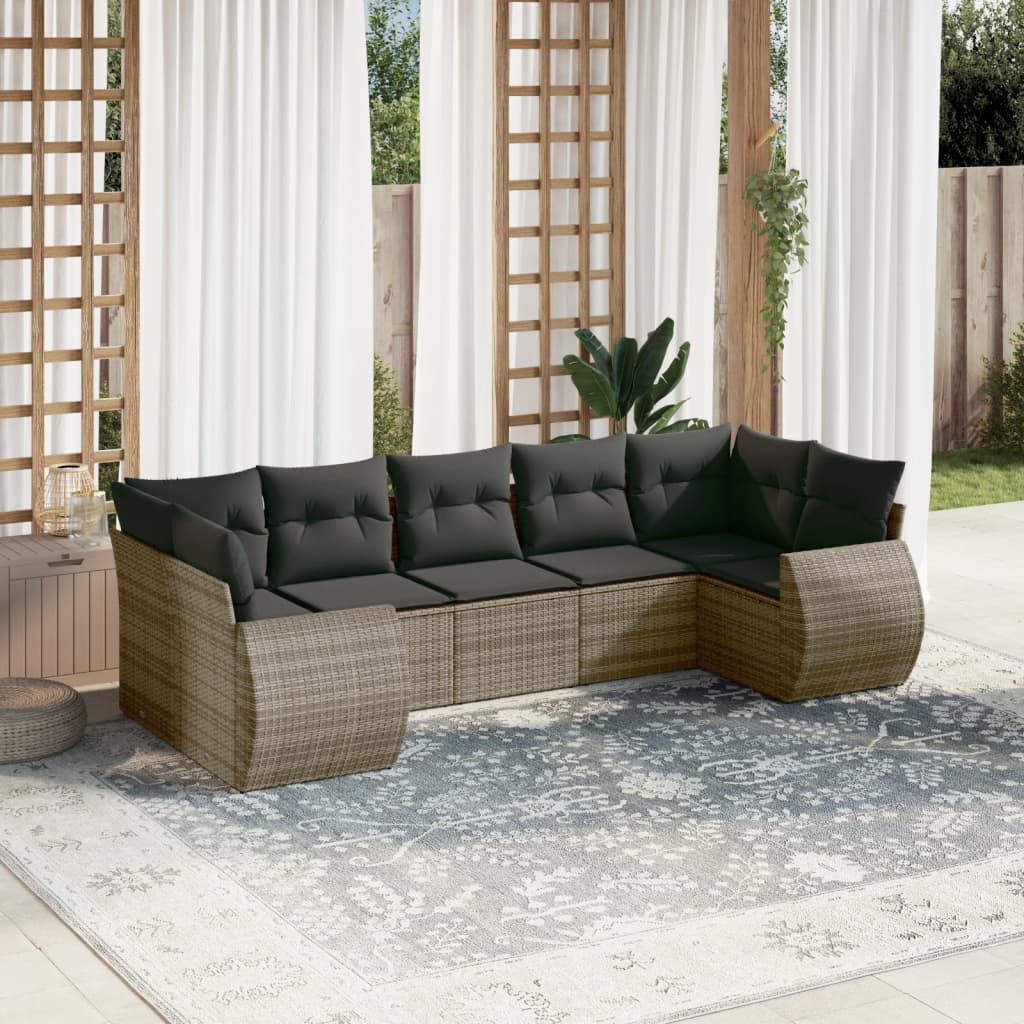 7 Pcs conjunto sofás p/ jardim c/ almofadões vime PE cinzento