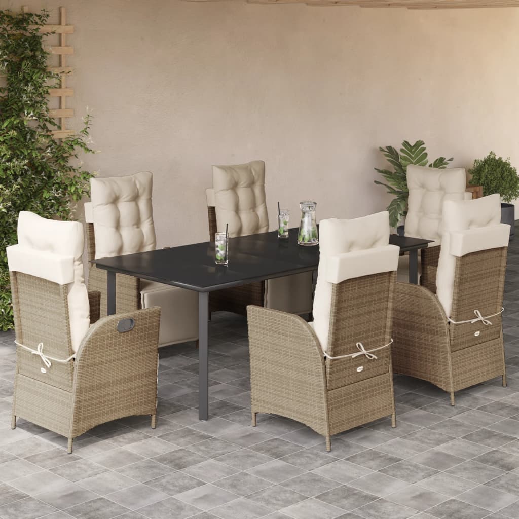 7 Pcs conjunto de jantar p/ jardim com almofadões vime PE bege