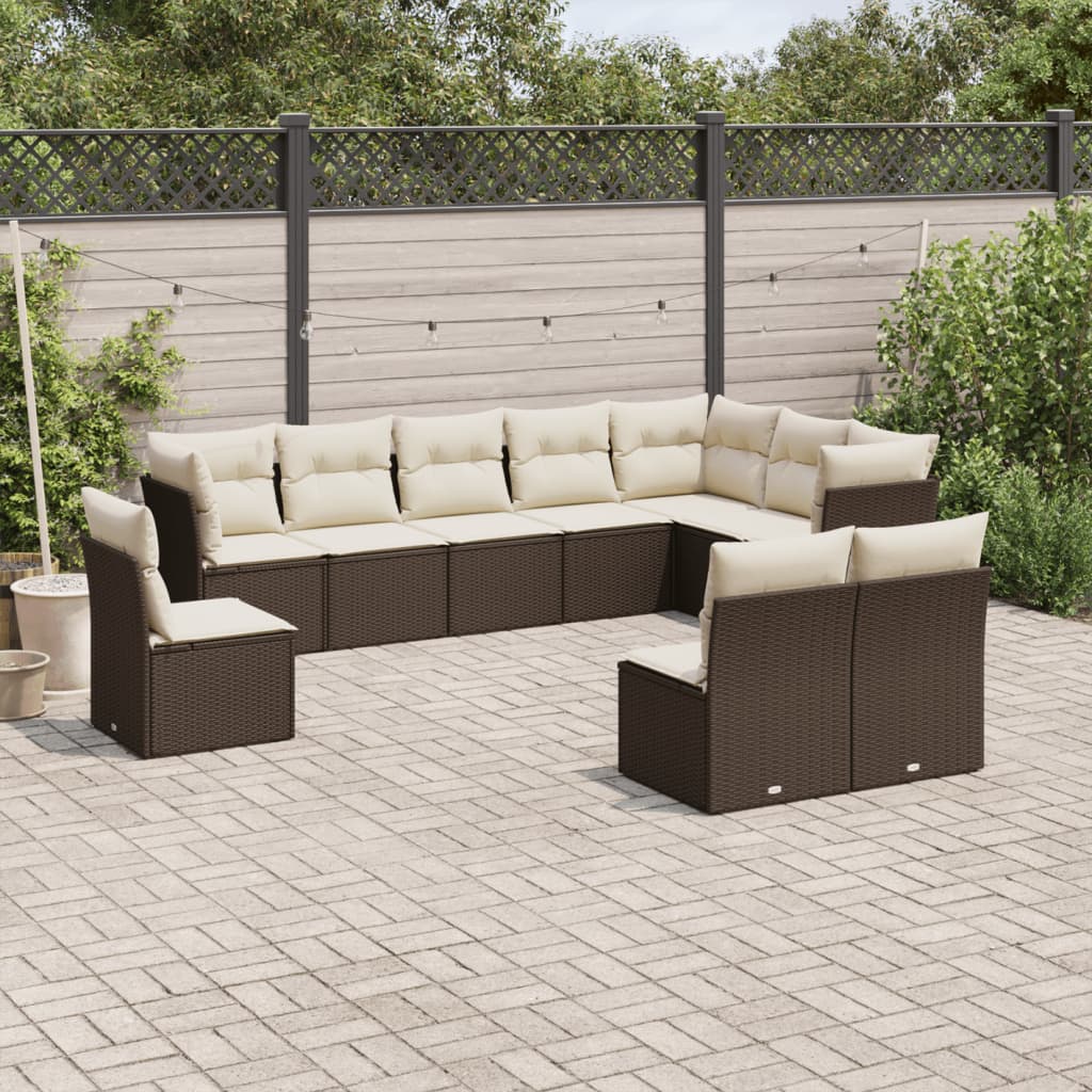 10 Pcs conj. sofás jardim com almofadões vime PE castanho