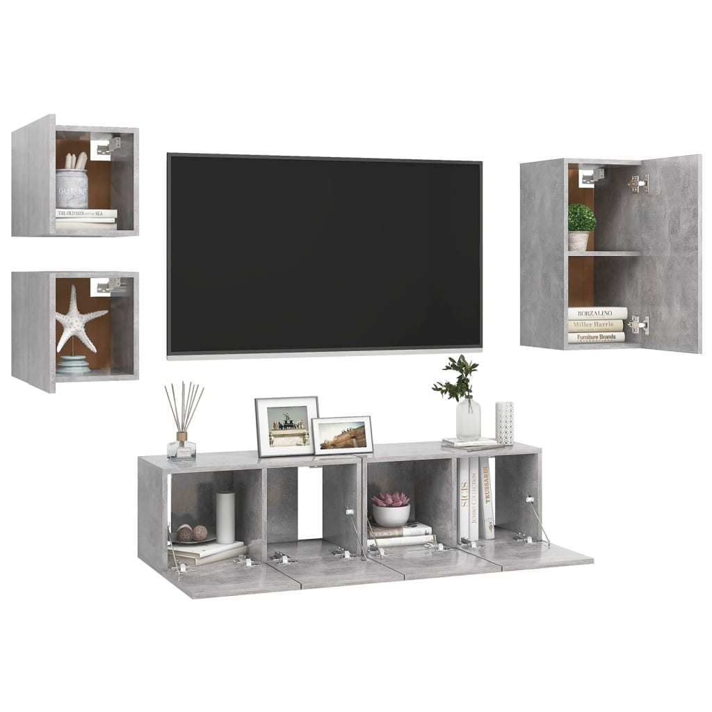 5 Pcs conjunto de móveis de TV derivados madeira cinza cimento