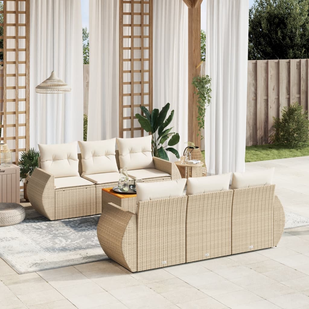 7 Pcs conjunto de sofás p/ jardim com almofadões vime PE bege