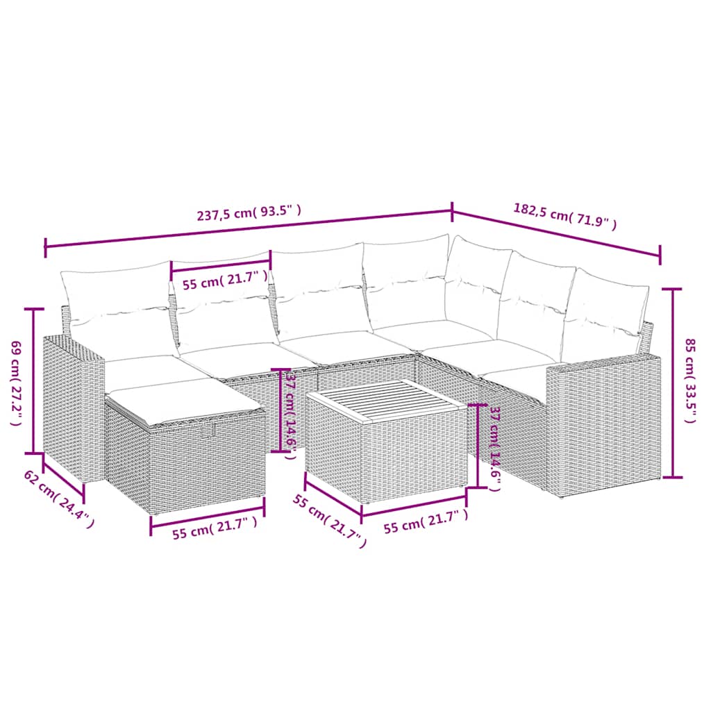 8 Pcs conjunto sofás de jardim com almofadões vime PE preto