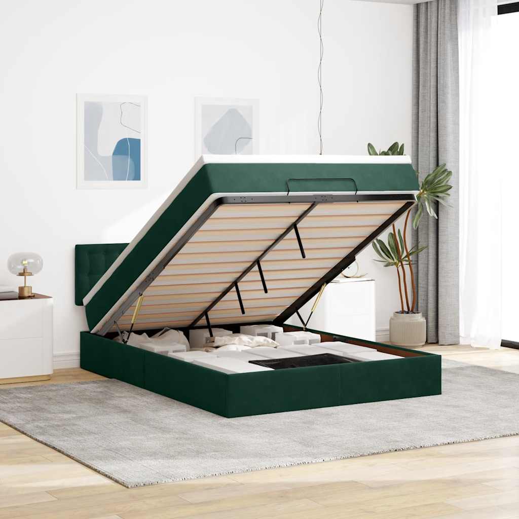 Estrutura de cama otomana com colchão 140x200 cm verde escuro