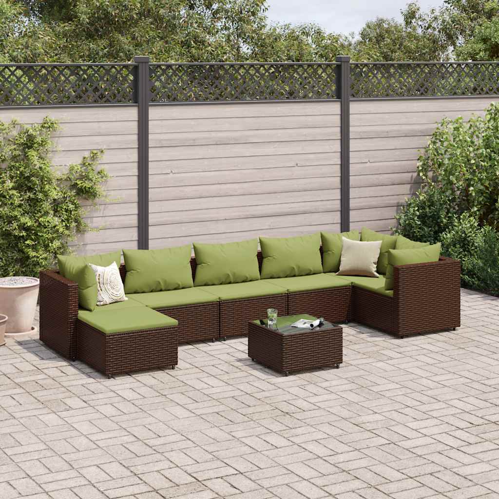 8 Pcs conjunto lounge de jardim c/ almofadões vime PE castanho