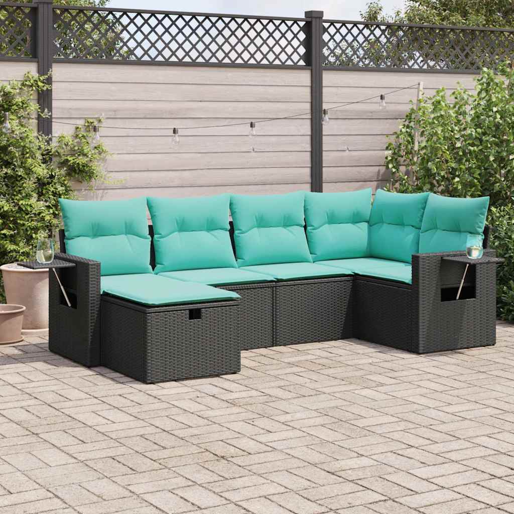 6 Pcs conjunto sofás de jardim c/ almofadões vime PE preto