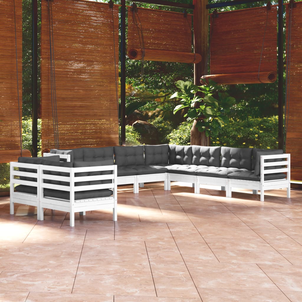 9 Pcs conj. lounge de jardim c/ almofadões pinho maciço branco