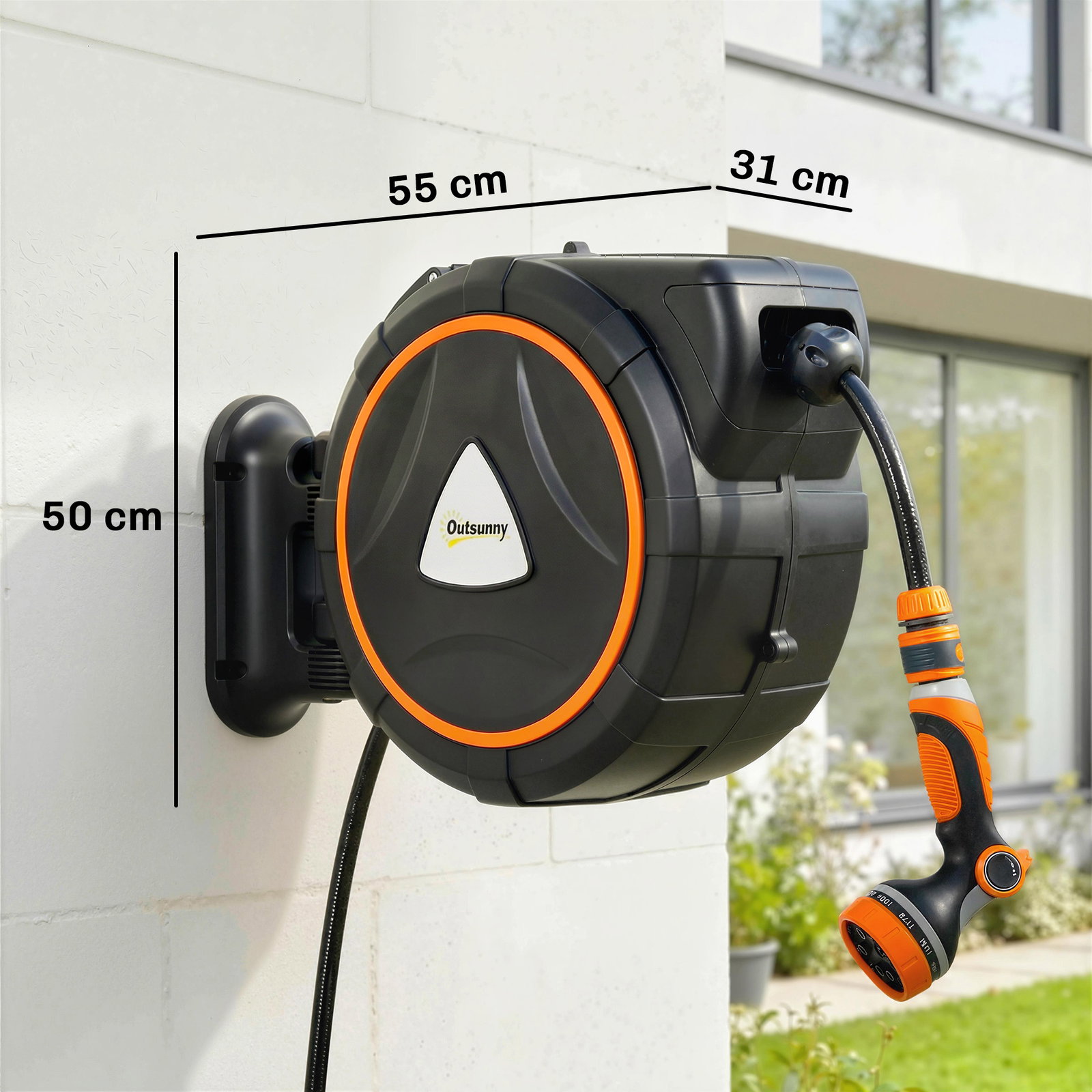 Carretel de mangueira para jardim 28+2 m com 12 modos de pulverização bloqueio automático e retracção controlada suporte orientável 180° laranja