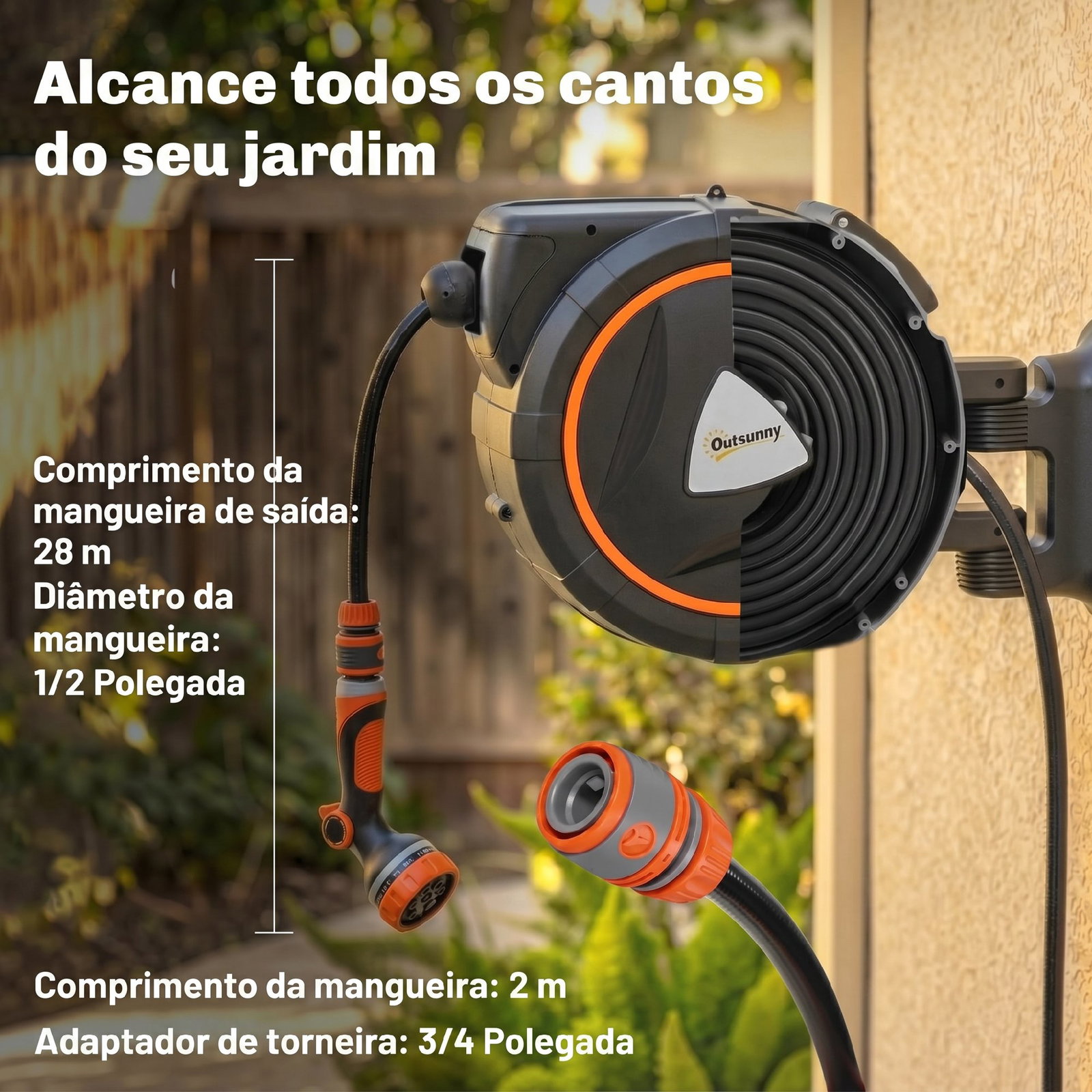 Carretel de mangueira para jardim 28+2 m com 12 modos de pulverização bloqueio automático e retracção controlada suporte orientável 180° laranja