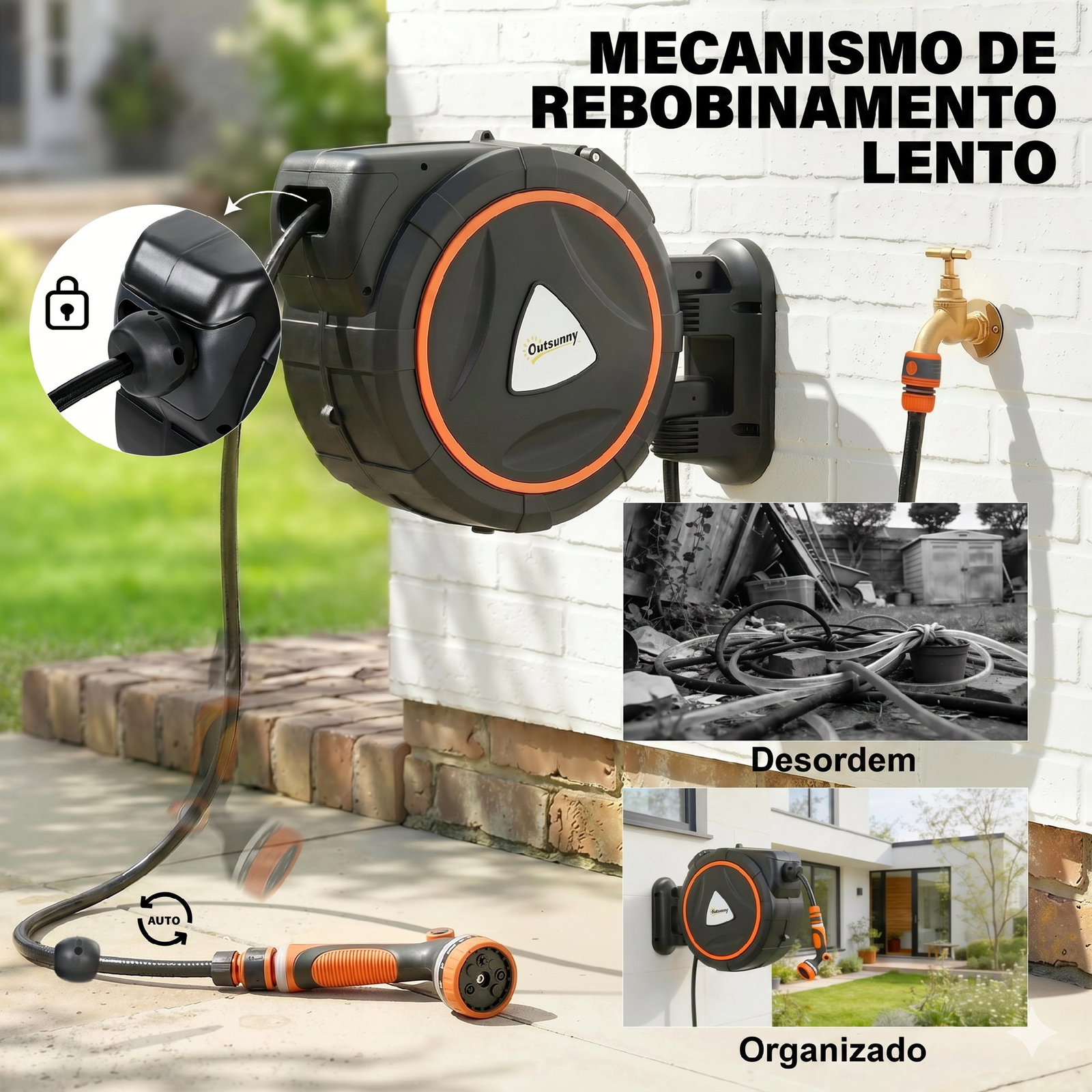 Carretel de mangueira para jardim 28+2 m com 12 modos de pulverização bloqueio automático e retracção controlada suporte orientável 180° laranja