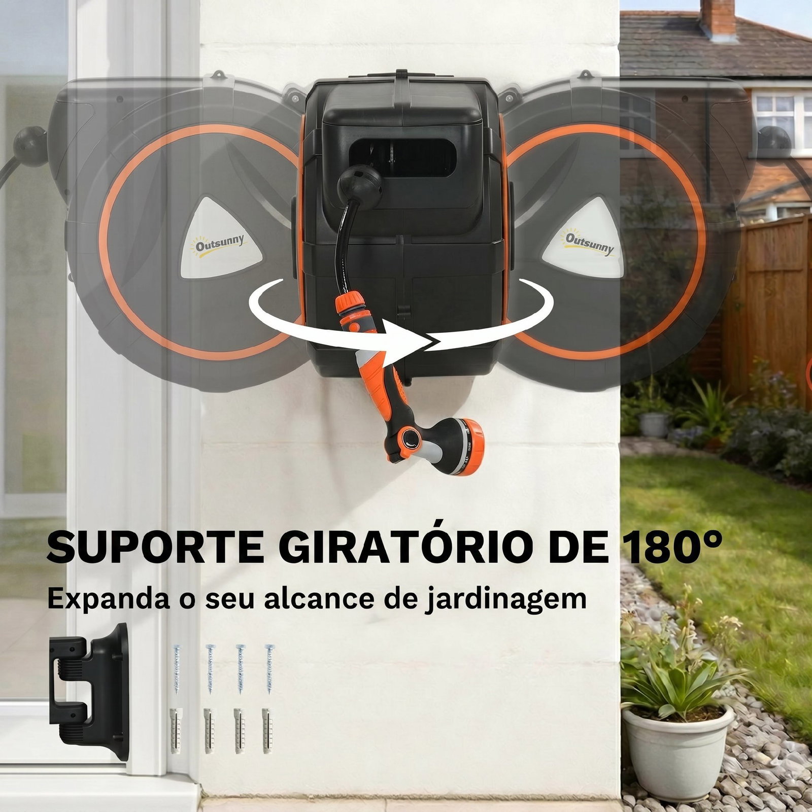 Carretel de mangueira para jardim 28+2 m com 12 modos de pulverização bloqueio automático e retracção controlada suporte orientável 180° laranja