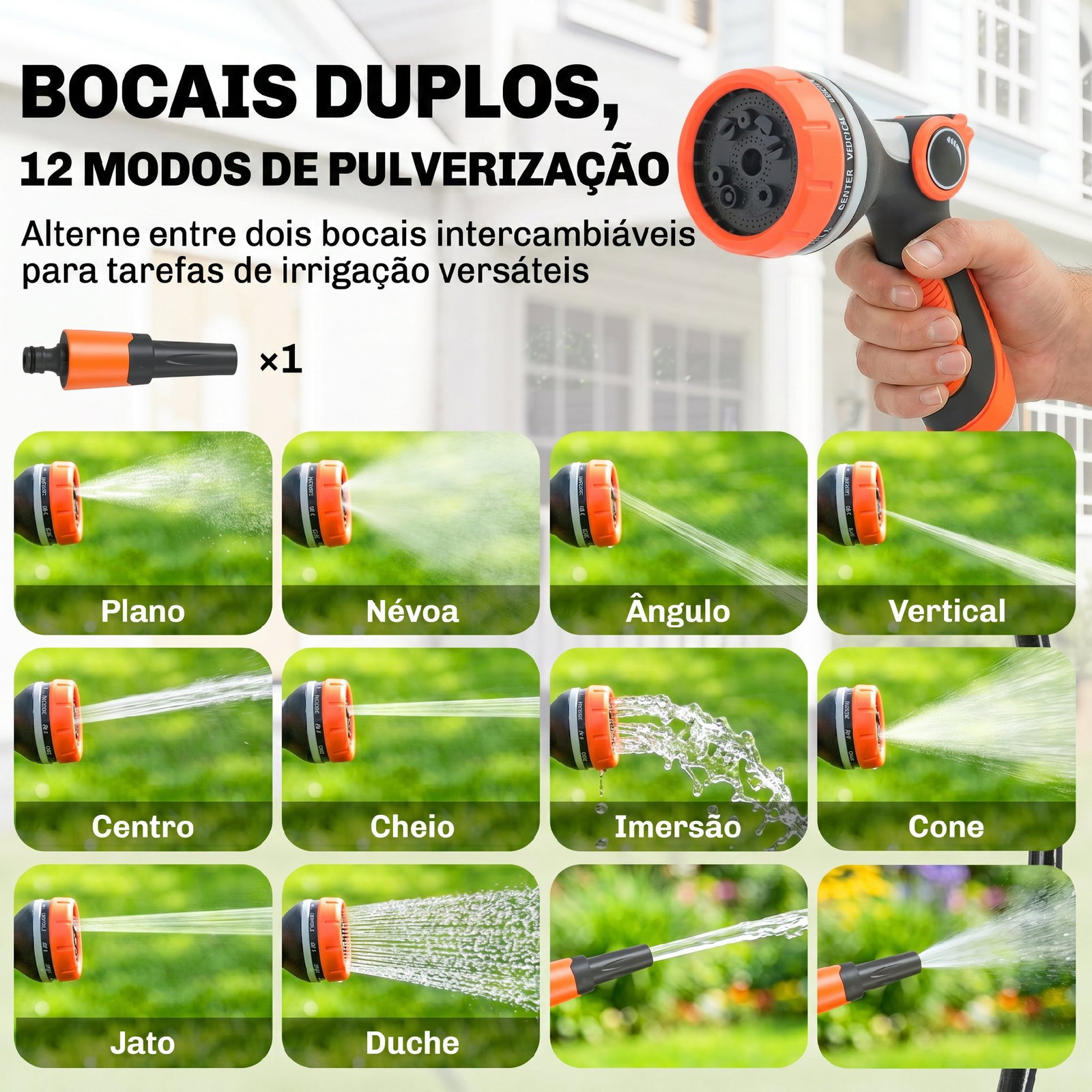 Carretel de mangueira para jardim 28+2 m com 12 modos de pulverização bloqueio automático e retracção controlada suporte orientável 180° laranja